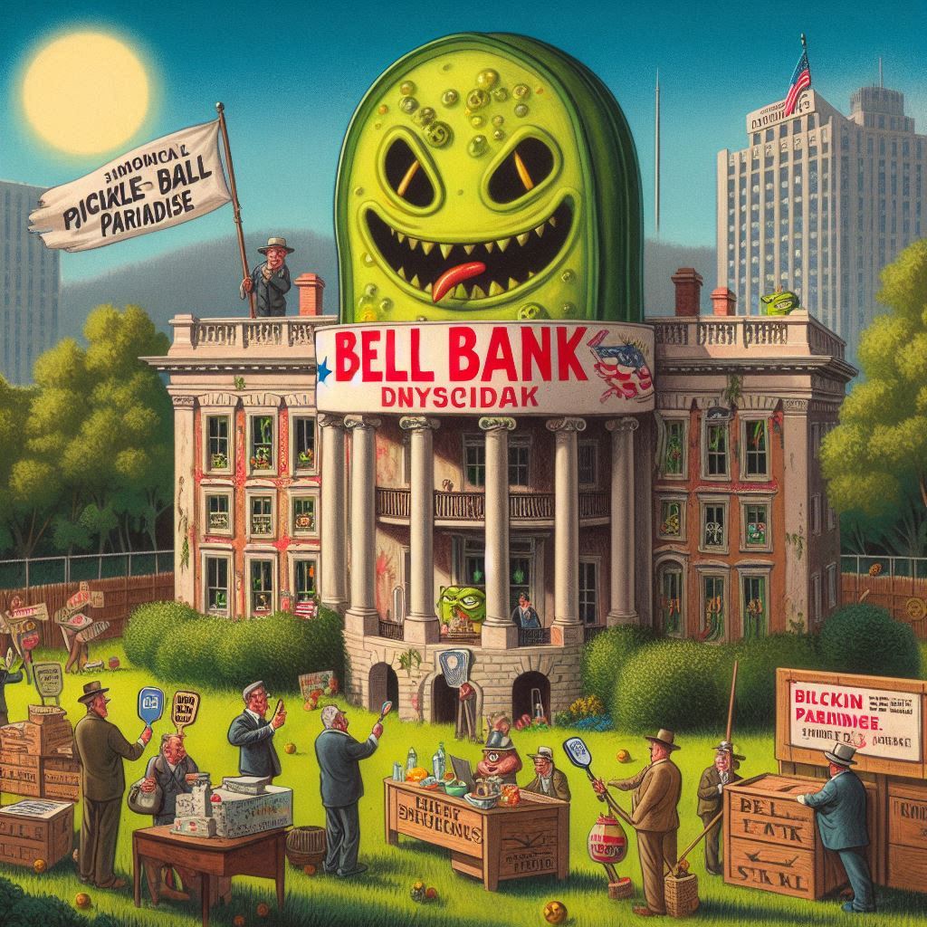 A dramatic illustration of Bell Bank Park featuring pickleball courts under stormy skies, symbolizing the rise and fall of the park amid financial scandal. The image conveys themes of uncertainty, loss, and resilience within the pickleball community.