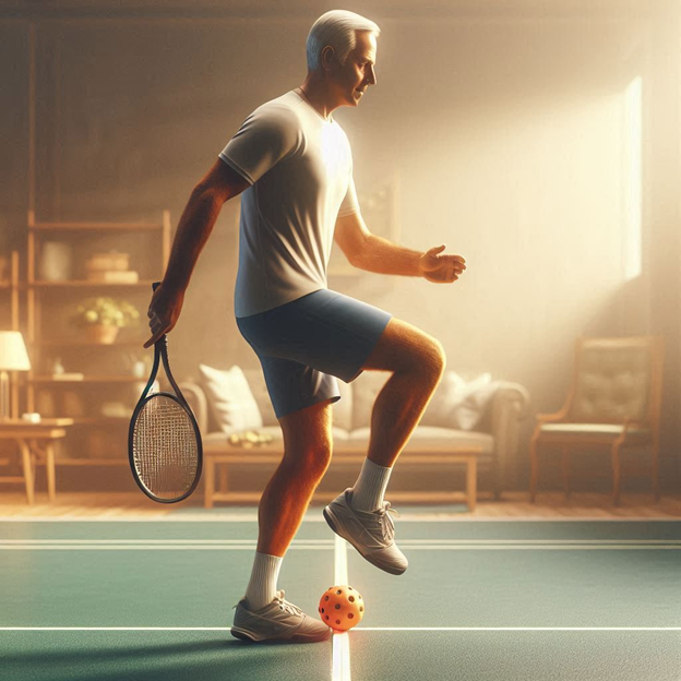 A realistic image featuring an active senior pickleball player on the court, demonstrating proper movement and safety techniques. The scene highlights balance, awareness, and injury prevention, with a warm and inviting atmosphere, resembling a professional wellness commercial.